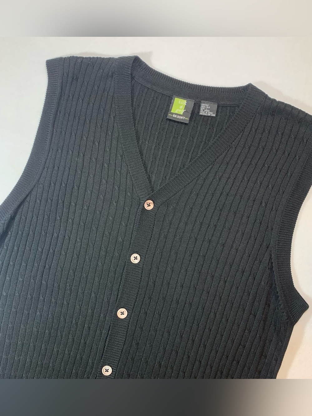 VTG Saxony Silk 4 Golf Cable Knit Sweater Vest 100% Silk Large Cardigan Preppy